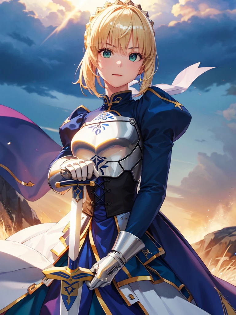 (masterpiece:1.4), (Highest quality:1.4), Realistic, One girl, Artoria Pendragon, armor,, (destiny/Stay Night\), Glowing Sword, High resolution, Cowboy Shot, Outdoor, unity 8k wallpaper, (figure:0.8), (Beautiful attention to detail:1.6), Highly detailed face, Perfect lighting, Highly detailed CG, (3D Face:1.1), (Shiny skin:1.5), (超High resolution intricate face details), (Facial skin pores:1.3), 超High resolution cloth texture, (Canon EOS-1D X Mark III camera for outstanding detail:1.2), (Combined with Canon EF24-70mm f/2.8L II USM Lens:1.2), (He has the great sword Excalibur:1.3), Trenches on a war-torn battlefield, Barbed wire in the background, Coming under attack, Thundercloud, heroism, Movie-like atmosphere