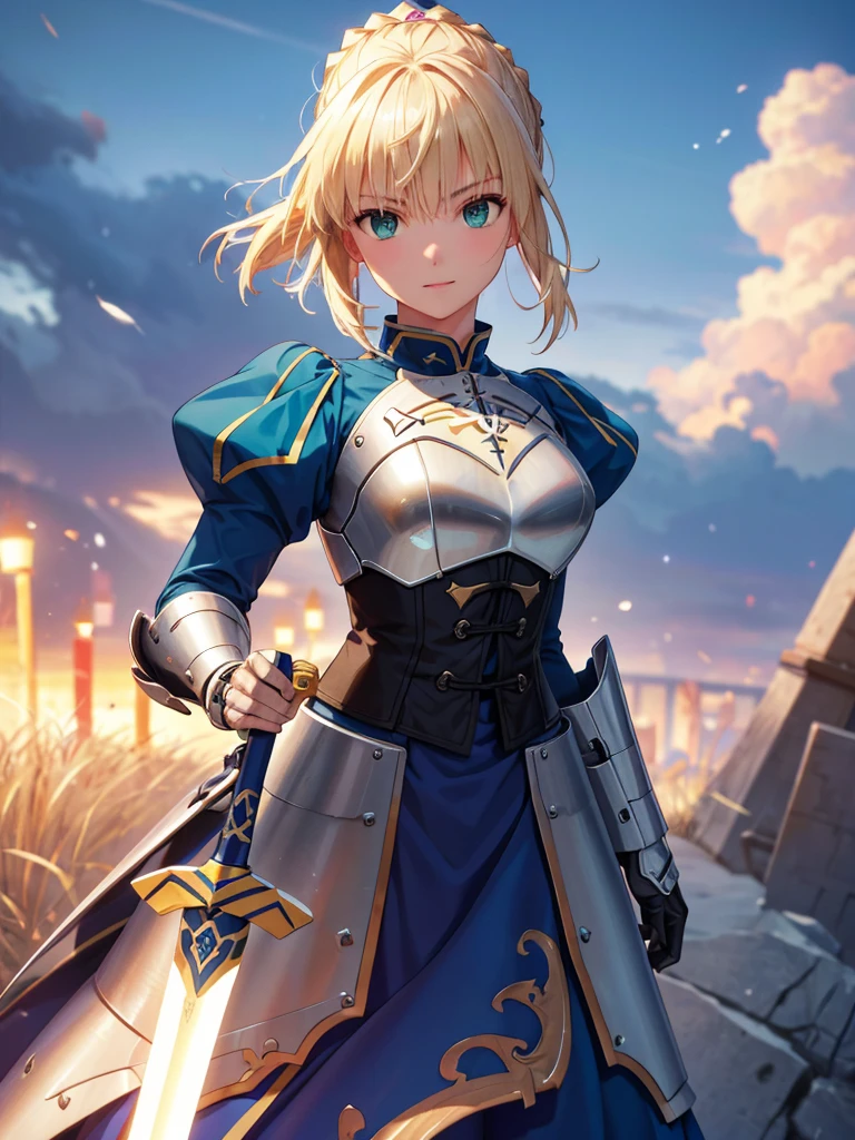 (masterpiece:1.4), (Highest quality:1.4), Realistic, One girl, Artoria Pendragon, armor,, (destiny/Stay Night\), Glowing Sword, High resolution, Cowboy Shot, Outdoor, unity 8k wallpaper, (figure:0.8), (Beautiful attention to detail:1.6), Highly detailed face, Perfect lighting, Highly detailed CG, (3D Face:1.1), (Shiny skin:1.5), (超High resolution intricate face details), (Facial skin pores:1.3), 超High resolution cloth texture, (Canon EOS-1D X Mark III camera for outstanding detail:1.2), (Combined with Canon EF24-70mm f/2.8L II USM Lens:1.2), (He has the great sword Excalibur:1.3), Trenches on a war-torn battlefield, Barbed wire in the background, Coming under attack, Thundercloud, heroism, Movie-like atmosphere