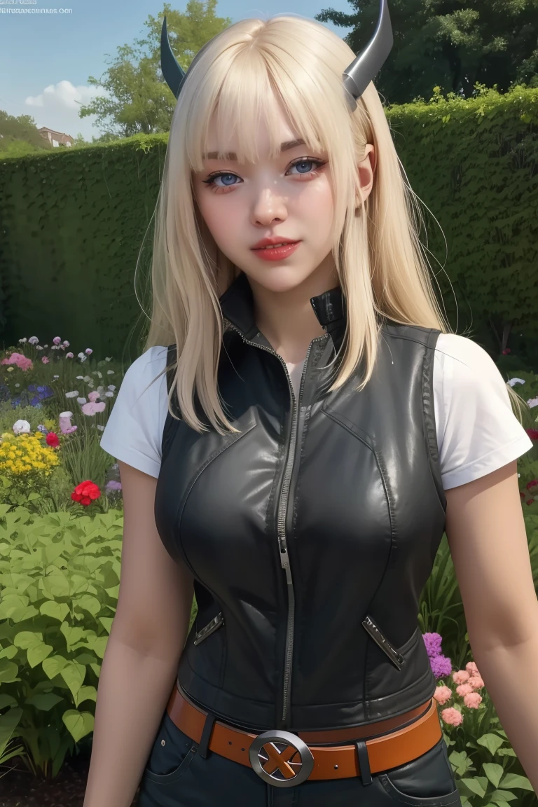 magik,blond hair,blue eyes,horns,bangs,
bodysuit,x belt,open black vest,armored left arm,single gauntlet,
standing,upper body,smile,
night,garden,
(insanely detailed, beautiful detailed face,beautiful detailed eyes, masterpiece, best quality),solo,