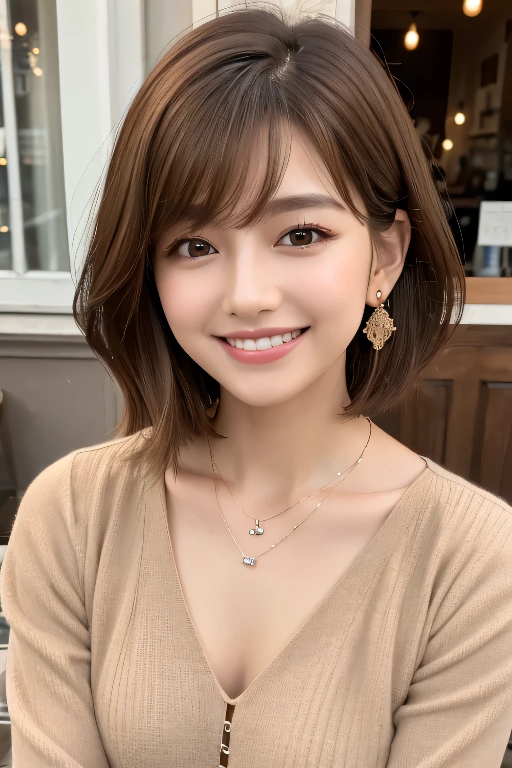 ）Light brown hair、Clear beauty、Short Haircut、Wavy Hair、Long sleeve blouse、Ear piercing、Necklace around the neck、smile、Beautiful teeth alignment、Intricate details, Very detailed:1.2), 、 Looking into the camera、The background is a coffee shop

