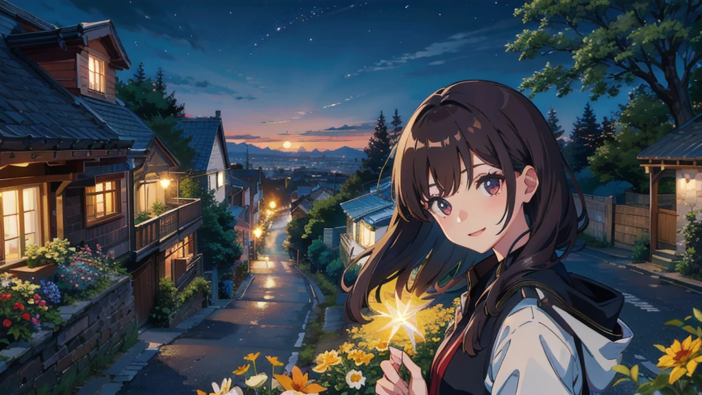 masterpiece,Highest quality,One Girl,The hair color is brown, Eye color: black, smile,countryside,Cityscape,night景,Flowers and plants,scenery,night,Light Perception,soft,