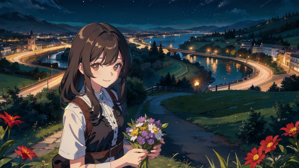 masterpiece,Highest quality,One Girl,The hair color is brown, Eye color: black, smile,countryside,Cityscape,night景,Flowers and plants,scenery,night,Light Perception,soft,