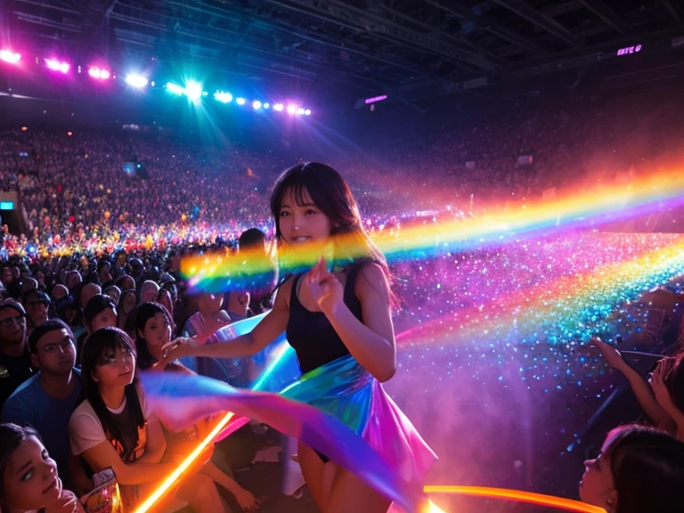 A mysterious beautiful girl emerges from the rainbow lasers、Beautiful Style、The rising crowd、Iridescent rays、Dynamic Movement