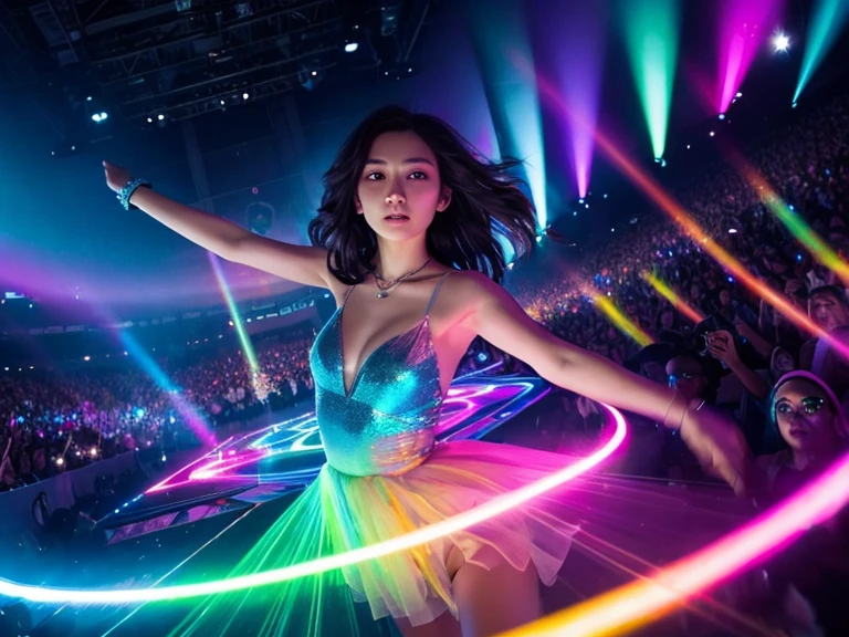 A mysterious beautiful girl emerges from the rainbow lasers、Beautiful Style、The rising crowd、Iridescent rays、Dynamic Movement