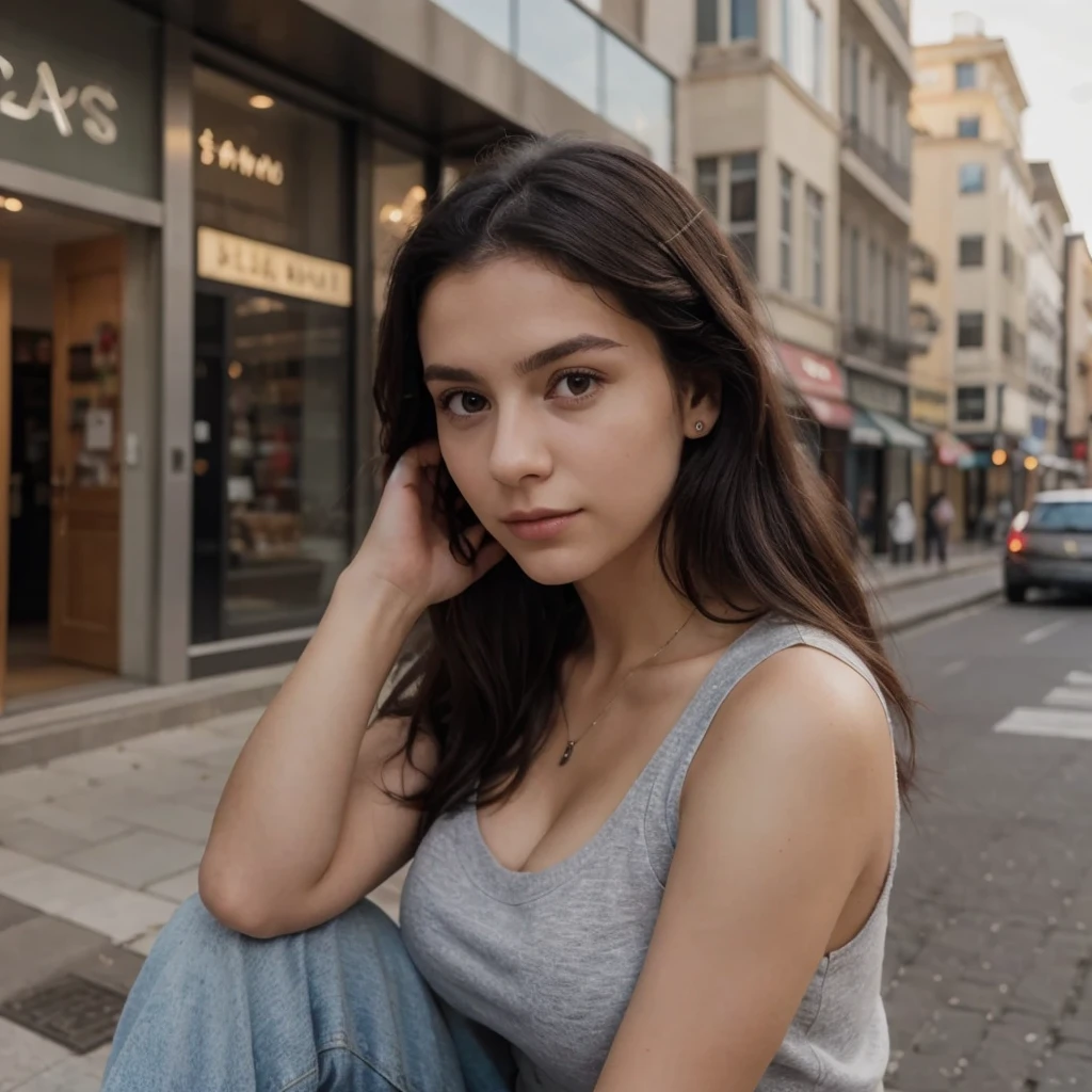 dessus de la table、la plus haute qualité、haute résolution、Éléonore Pavinato, 23 ans, Portrait plus jeune, avoir l'air mignon, pose mignonne, Belle fille aux gros seins, cheveux longs noirs, porter des vêtements décontractés, dans la ville, a un tatouage avec écris amor en petit sur l'avant bras gauche