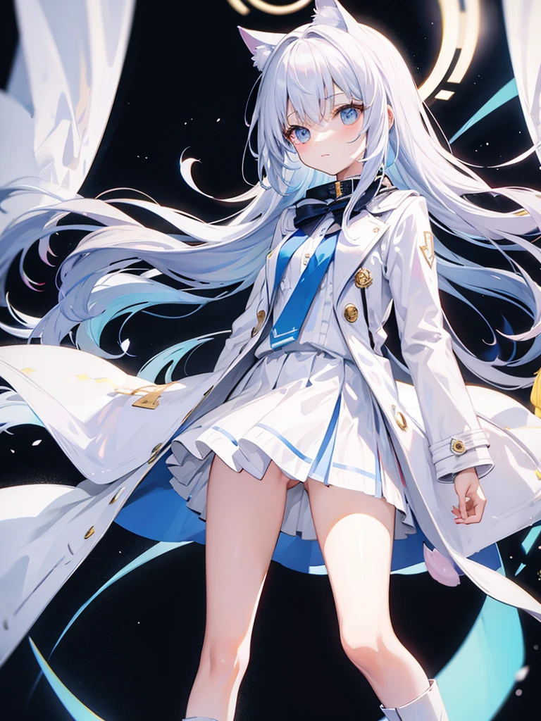 White silk tights,Short skirt,Boots,Lining,coat,White long hair,A cat lady,,small headdress,White, light blue, light pink,Standing,Halo