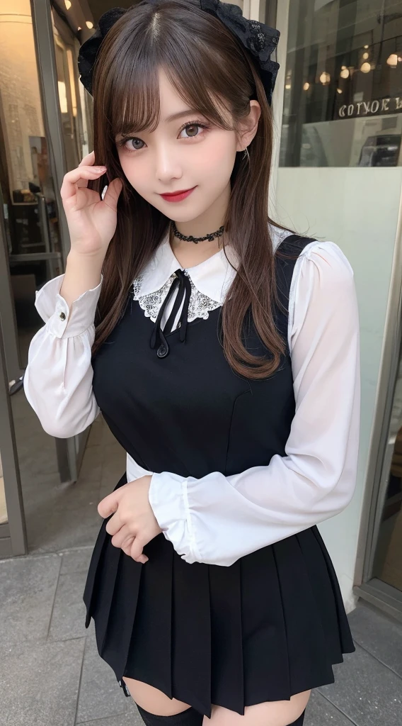 table top, highest quality, figure, super detailed, finely, High resolution, 8k wallpaper, Perfect dynamic composition, beautiful and fine eyes, medium hair,small breasts natural color lip, bold sexy pose,smile,harajuku、20 year old girl、cute、sexy shot looking at camera、gothic lolita clothes、skirt、blouse