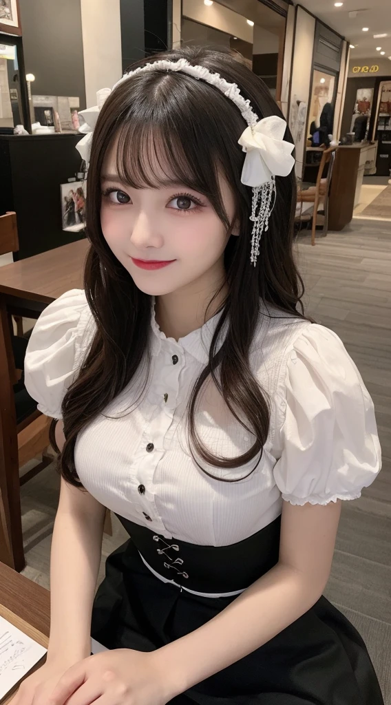 table top, highest quality, figure, super detailed, finely, High resolution, 8k wallpaper, Perfect dynamic composition, beautiful and fine eyes, medium hair,small breasts natural color lip, bold sexy pose,smile,harajuku、20 year old girl、cute、sexy shot looking at camera、gothic lolita clothes、skirt、blouse