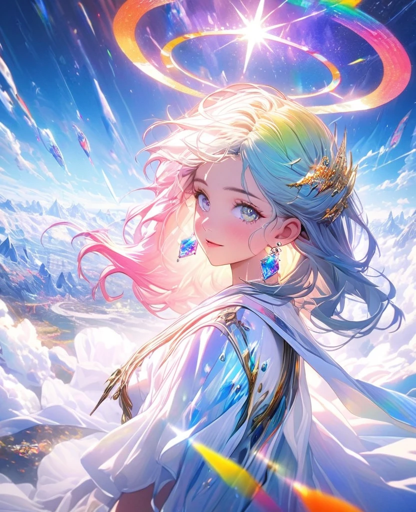 8K,gal,an extremely delicate and beautiful,Beautiful and realistic skin,Shiny jewel-like earrings,Long colorful hair,beautiful eyes,full body,future,shining landscape