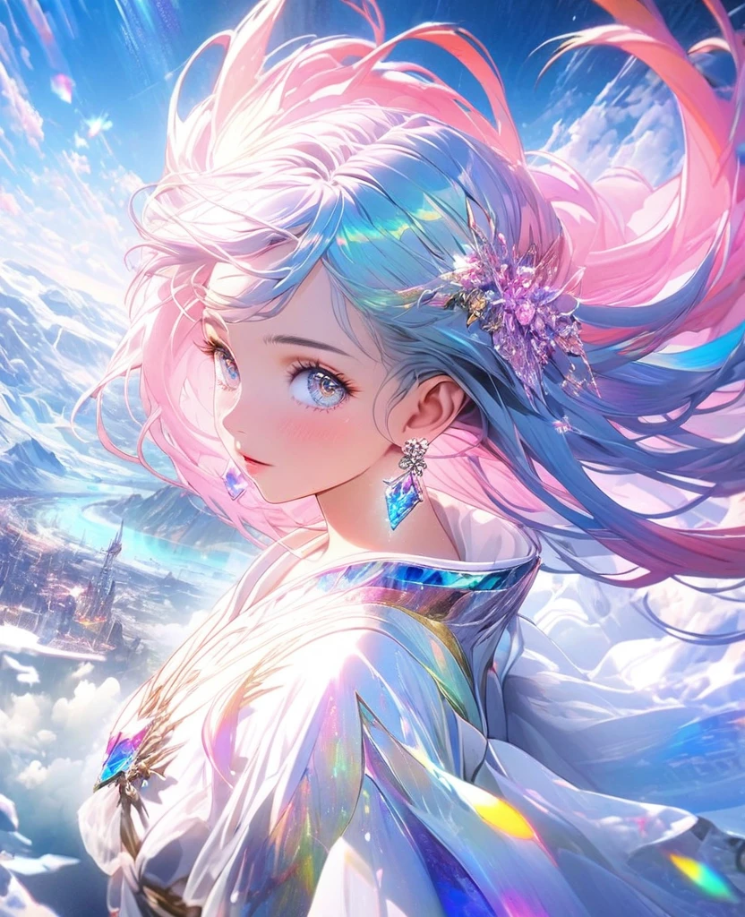 8K,gal,an extremely delicate and beautiful,Beautiful and realistic skin,Shiny jewel-like earrings,Long colorful hair,beautiful eyes,full body,future,shining landscape