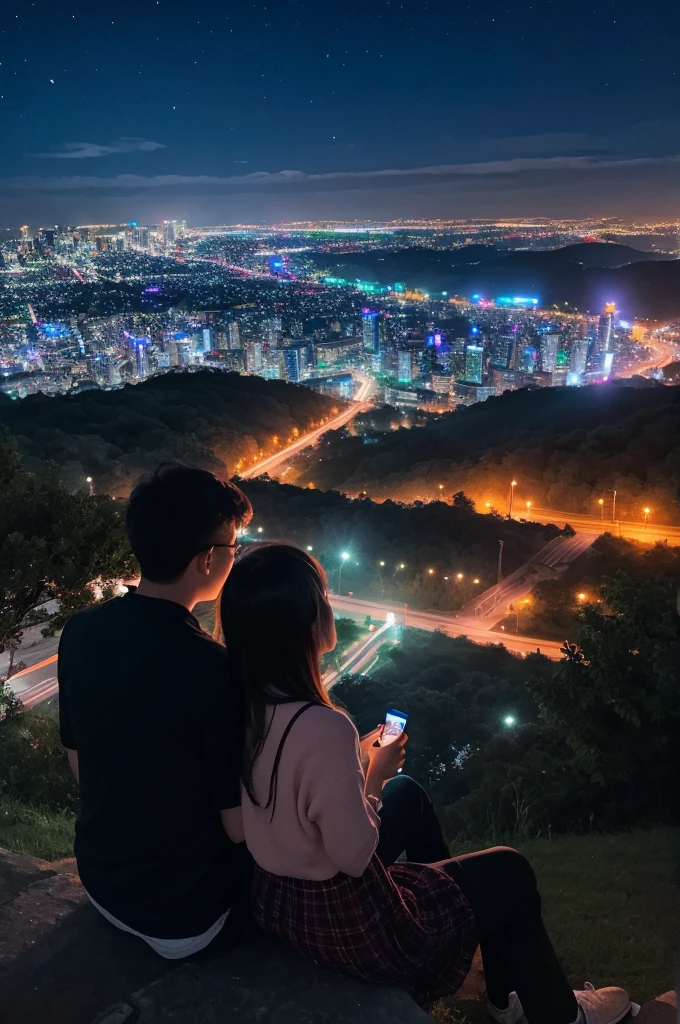 A couple sitting close together on a hill with a beautiful sparkling night view。There are clouds。
