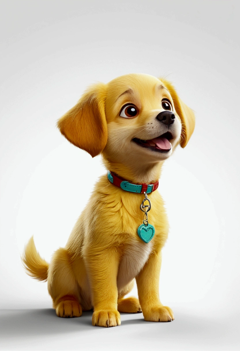 small yellow dog, puppy, white background, Disney PIXAR 3D style, simple, cute, short yellow fur all over, bright colors, looking to the side, sideways, in profile, happy, cheerful