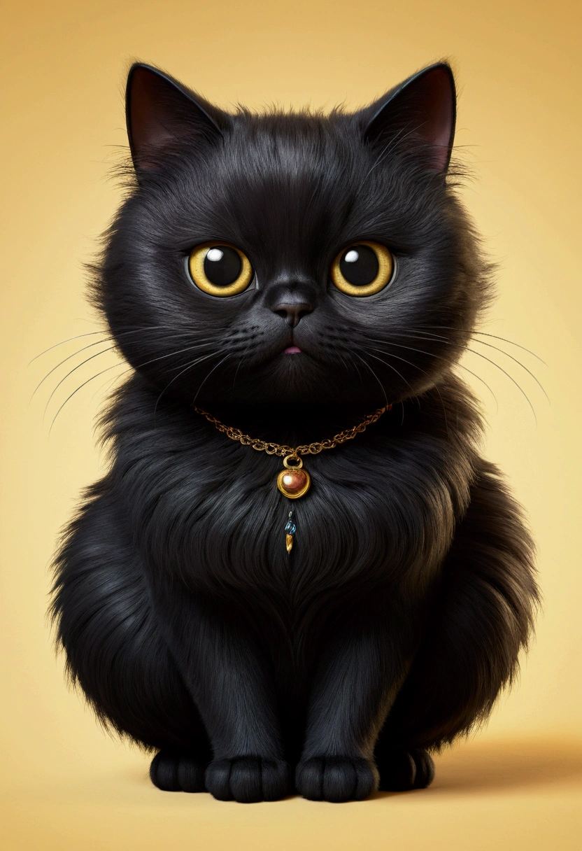 Black cat　Big eyes　cute　character　A fat cat、Big belly、The hair is thick