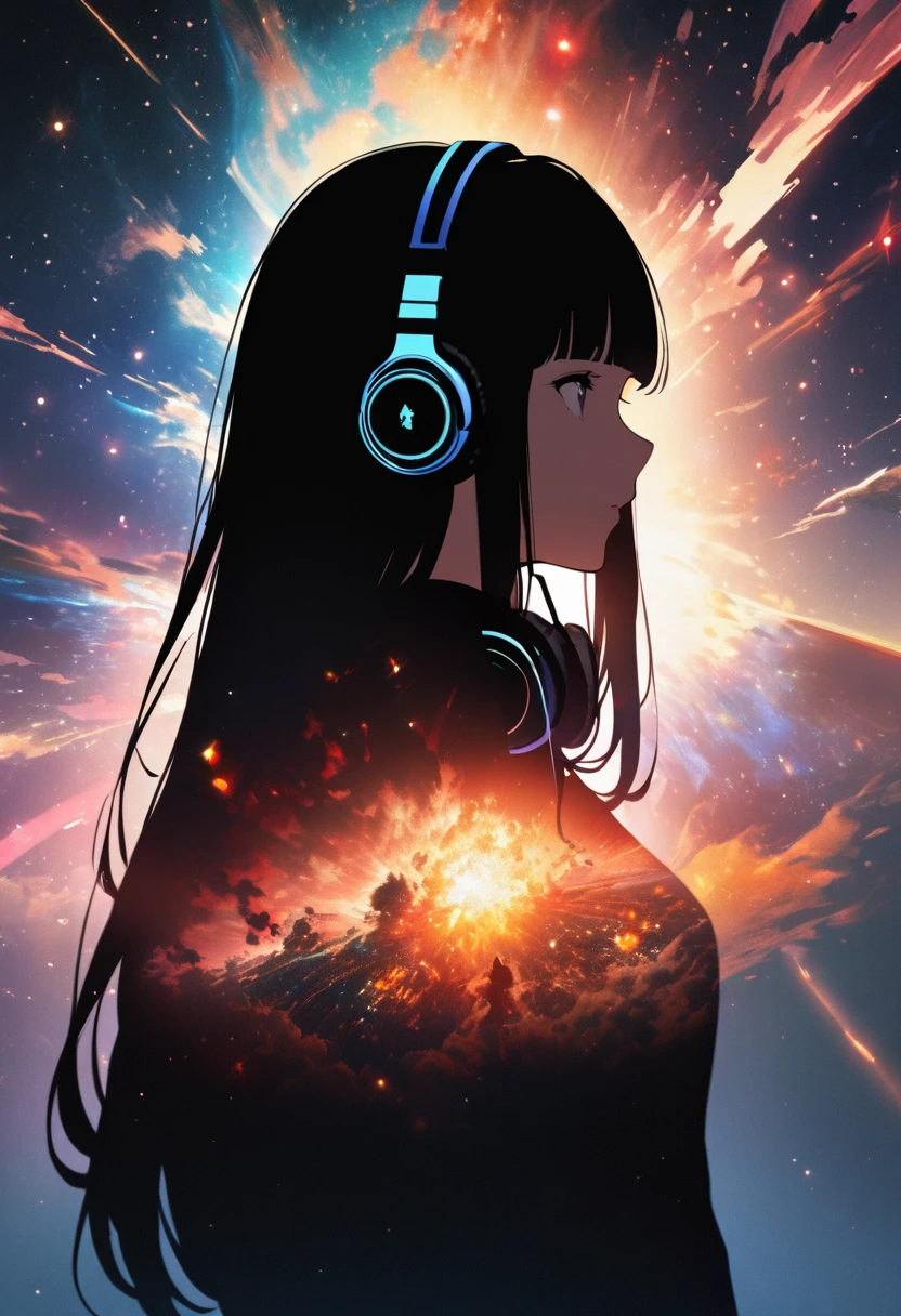 Profile of a woman silhouette.(Long Hair:1.3), Blunt bangs,  (Headphones:1.3), Inside the silhouette you can see the Double exposure with a universe, Deep Universe, Supernova explosion, masterpiece, ((Double exposure)), Proportional.,Double exposure

