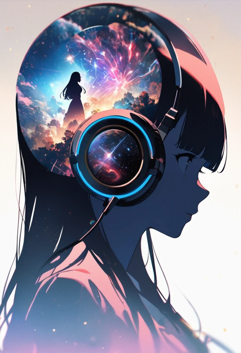 Profile of a woman silhouette.(Long Hair:1.3), Blunt bangs, (Headphones:1.3), Inside the silhouette you can see the Double exposure with a universe, Deep Universe, Supernova explosion, masterpiece, ((Double exposure)), Proportional.,Double exposure