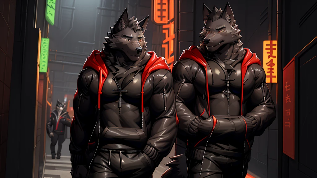 Black Wolf Orcs, alone, looking at the audience, shirt, 1 boy, jacket, male focus, open clothes, hood, black shirt, hoodie, muscular, chest muscles, muscular male, only, hooded jacket, sharp nails, school corridor, school, student, Futuristic, black fur