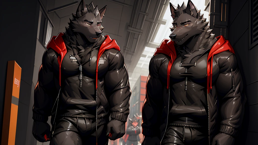 Black Wolf Orcs, alone, looking at the audience, shirt, 1 boy, jacket, male focus, open clothes, hood, black shirt, hoodie, muscular, chest muscles, muscular male, only, hooded jacket, sharp nails, school corridor, school, student, Futuristic, black fur