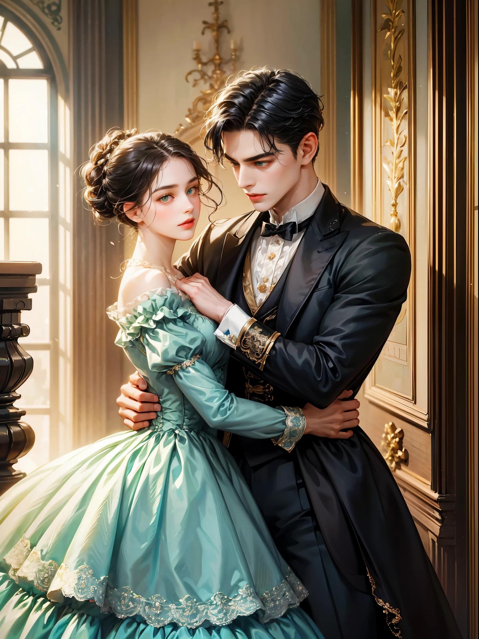 Couple, 1 girl 1 boy. Different hair color, chignon black hair and green eyes, small breast, victorian era unglued dress, short black hair, wavy hair and (sky blu eyes) , male Victorian era dress. They look at the viewers. They hug. Background inside of a hall
