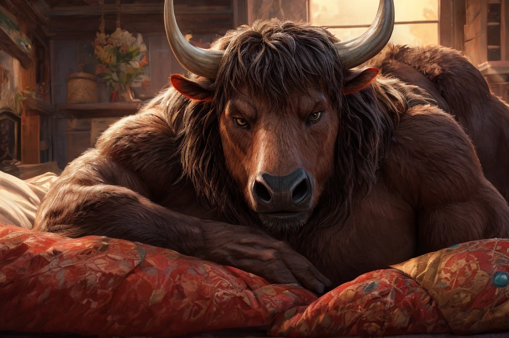 (best quality, 4k, 8k, high resolution, life-like, masterpiece:1.2), ultra detallado, (photographic rendering:1.1), portrait, profesional, vivid colors, Sharp focus, (hyperrealistic textures:1.05), detailed textures, (warm color tone:0.9), a brown bull minotaur, ((laying in bed)), (hazel eyes, looking at viewer), looking happy, muscular, bull face, combed hair mane, in his 30s, big cow nose, morning time