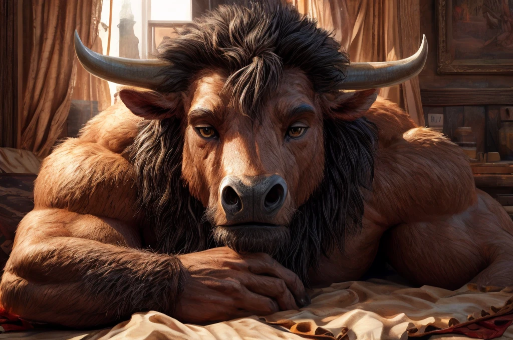 (best quality, 4k, 8k, high resolution, life-like, masterpiece:1.2), ultra detallado, (photographic rendering:1.1), portrait, profesional, vivid colors, Sharp focus, (hyperrealistic textures, morning light:1.05), detailed textures, (warm color tone:0.9), a brown minotaur laying in bed, brown eyes, looking at viewer, looking peaceful, muscular, bovine face, hair mane, in his 30s