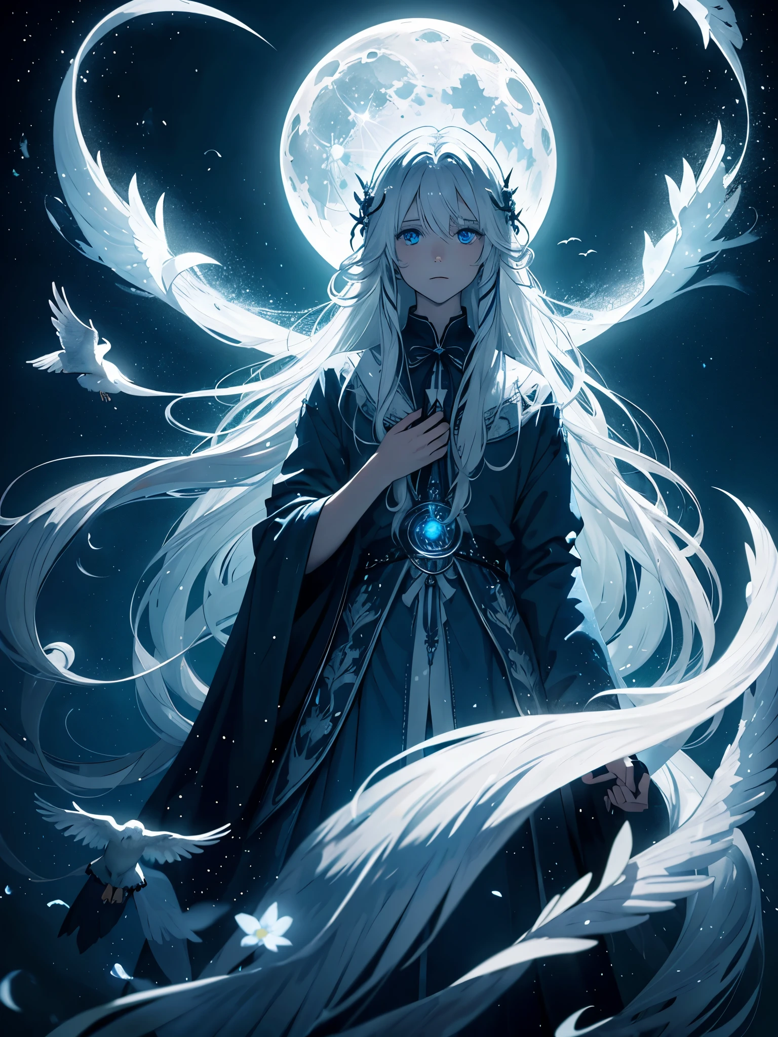 Mit hirschgeweih. White crows. Ghosts. lights. magical. Power animals. Spirit. King of the moon. Long hair. long white hair. aquatic, boy,  silver hair accessories, White hair, blue flowers. Blue lights. full moon. holy. 