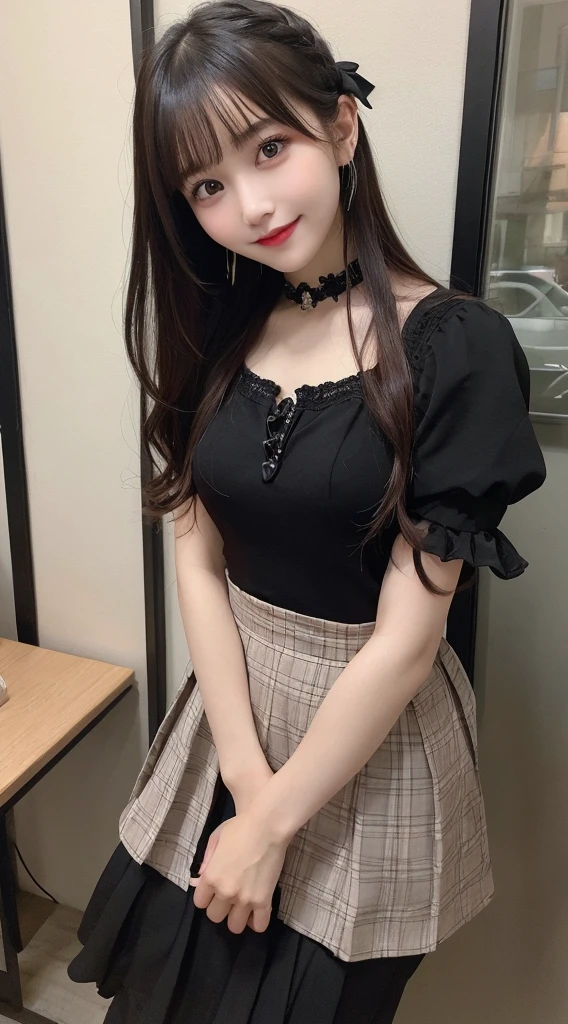 table top, highest quality, figure, super detailed, finely, High resolution, 8k wallpaper, Perfect dynamic composition, beautiful and fine eyes, medium hair,small breasts natural color lip, bold sexy pose,smile,harajuku、20 year old girl、cute、sexy shot looking at camera、gothic lolita clothes、skirt、blouse