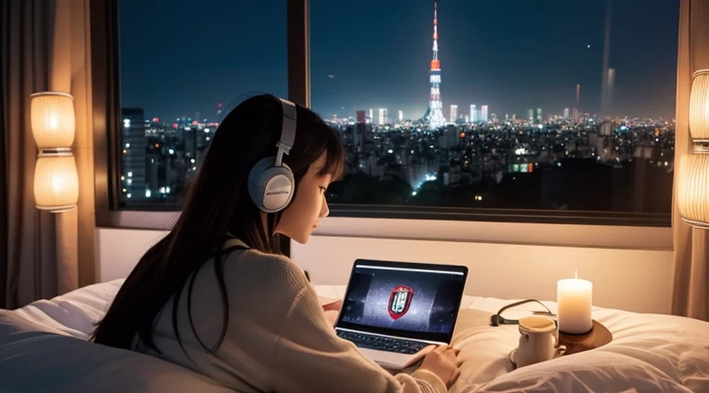 Notebook computer monitor showing Alfa Romeo, young woman resembling Japanese Yui Aragaki sitting in front of computer in cozy bedroom, back view, girl listening to music on headphones in cozy room at night, girl enjoying beautiful night view of Tokyo from window, girl surrounded by many things, wall Alfa Romeo Giulia poster on the wall, high detail, Fujifilm mix, 8K, masterpiece."