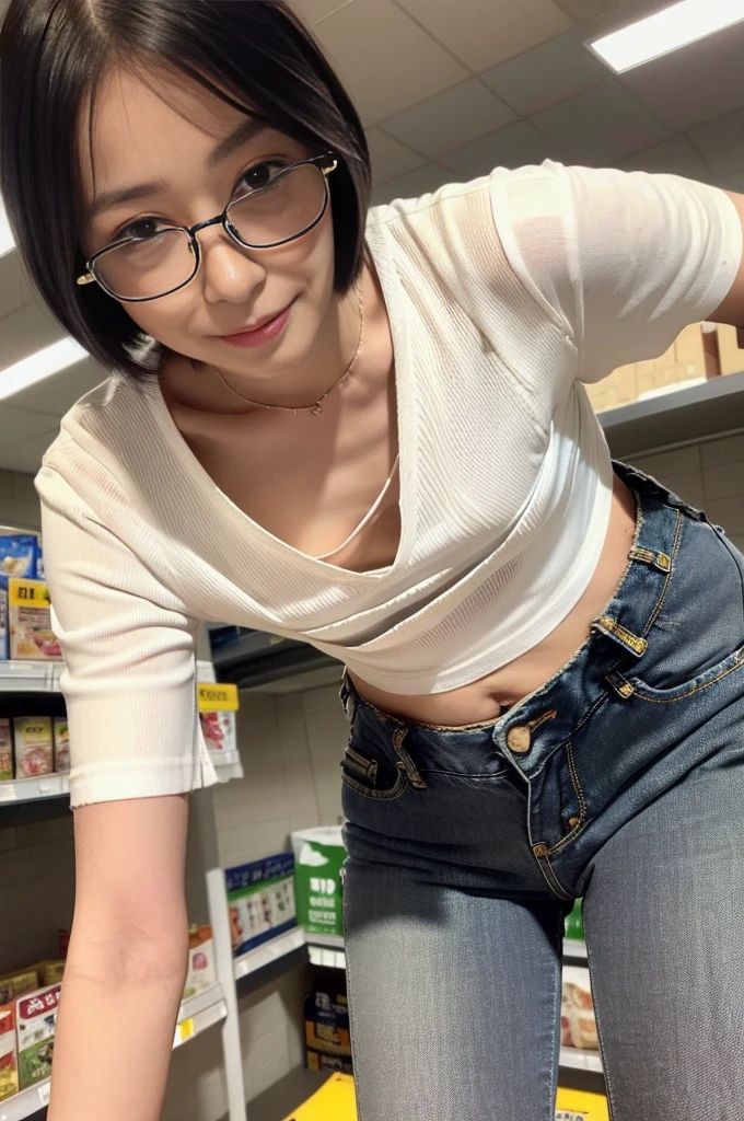 masterpiece, 最high quality, 超high quality, high quality, Realistic, photo Realistic,,Natural light,(Cinema Lighting:1.4),RAW Photos, Super detailed, Intricately detailed, Perfect Anatomy, Fujifilm XT3, break 1girl,Japanese,(Slim Abs:1.3),Big Hips,(Camel Toe:1.2),(Short black pixie hair covering one eye:1.2), (Leaning forward:1.4),(smile),(Blushing:1.3),Watery eye,(Denim pants:1.3), break (Down blouse:1.1),(Wearing a sexy black bra under a white T-shirt:1.5),(breast focus), (Looking at the floor),( Look to the side),( Look at other people:1.4),(Glasses:1.4),(Light color Large areola), break (At the supermarket:1.5),(indoor),(shopping cart),( stacking supermarket shelves), (Mid Shot), ,from the front, Are standing,