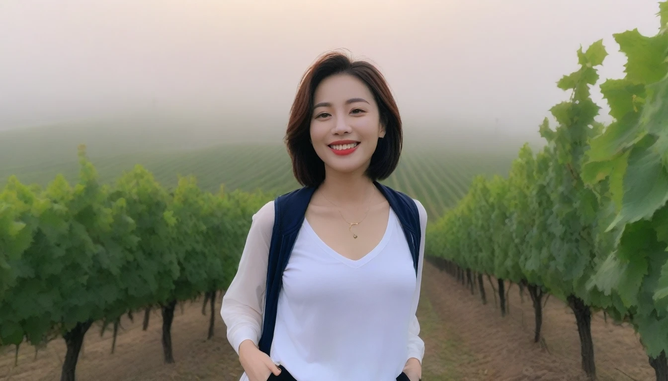 beautiful scenery, 8K Top Quality, Vivid picture quality, 1 woman, Beautiful 36-year-old Korean woman, Chest size 34 inches, Model-level beautiful woman, Dawn in the countryside, Napa Valley, California, USA, Red light, A vineyard plain can be seen in the distance in a thick fog.. Red sunshine, The background is realistic and vivid quality.., short medium bob hair, T-shirt that goes up to the neck , High-end luxury brand windbreaker jacket, Black pants, Perfect and realistic photos, The background is realistic.. Full body shot with Canon camera 16-35 wide angle lens, Smiling, Looking down on the vineyards from the vineyard hill in thick fog, towards the front camera.