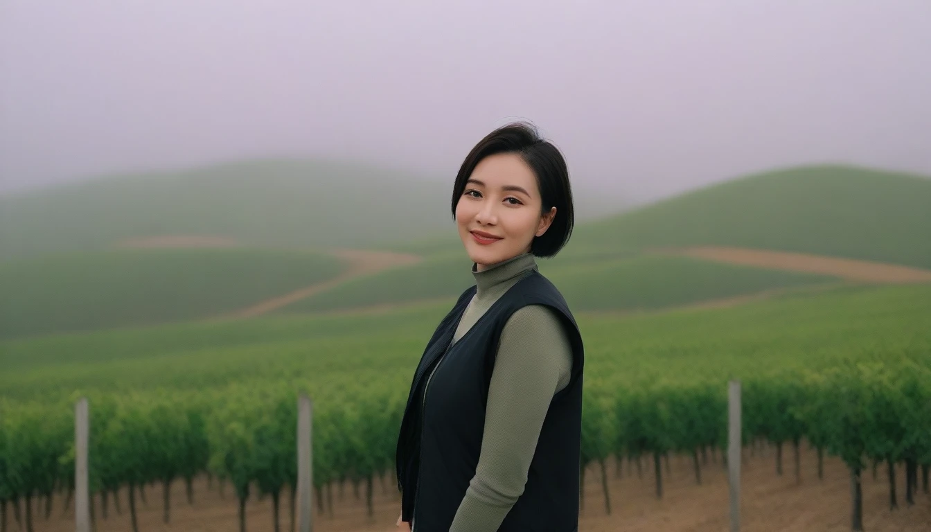 beautiful scenery, 8K Top Quality, Vivid picture quality, 1 woman, Beautiful 36-year-old Korean woman, Chest size 34 inches, Model-level beautiful woman, Dawn in the countryside, Napa Valley, California, USA, Red light, A vineyard plain can be seen in the distance in a thick fog.. Red sunshine, The background is realistic and vivid quality.., short medium bob hair, T-shirt that goes up to the neck , High-end luxury brand windbreaker jacket, Black pants, Perfect and realistic photos, The background is realistic.. Full body shot with Canon camera 16-35 wide angle lens, Smiling, Looking down on the vineyards from the vineyard hill in thick fog, towards the front camera.