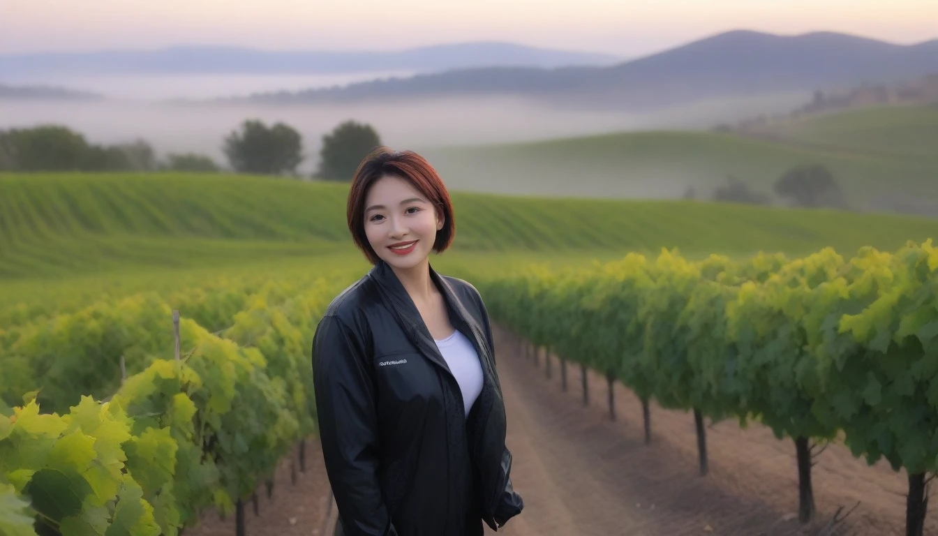 beautiful scenery, 8K Top Quality, Vivid picture quality, 1 woman, Beautiful 36-year-old Korean woman, Chest size 34 inches, Model-level beautiful woman, Dawn in the countryside, Napa Valley, California, USA, Red light, A vineyard plain can be seen in the distance in a thick fog.. Red sunshine, The background is realistic and vivid quality.., short medium bob hair, T-shirt that goes up to the neck , High-end luxury brand windbreaker jacket, Black pants, Perfect and realistic photos, The background is realistic.. Full body shot with Canon camera 16-35 wide angle lens, Smiling, Looking down on the vineyards from the vineyard hill in thick fog, towards the front camera.