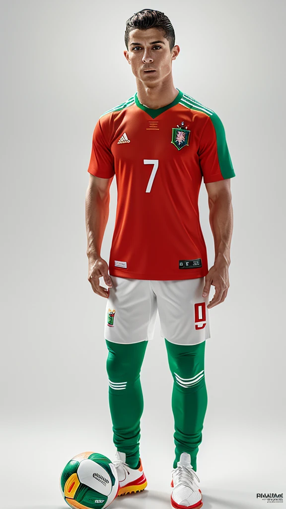 Cristiano Ronaldo's face image 4d photography of the full body image of a realistic cute little chibi boy, wearing a Portugal 2024 jersey bright octane color trending on art stations, artistic photography, photorealistic concept art, soft natural volumetric cinematic perfect light, UHD without background.