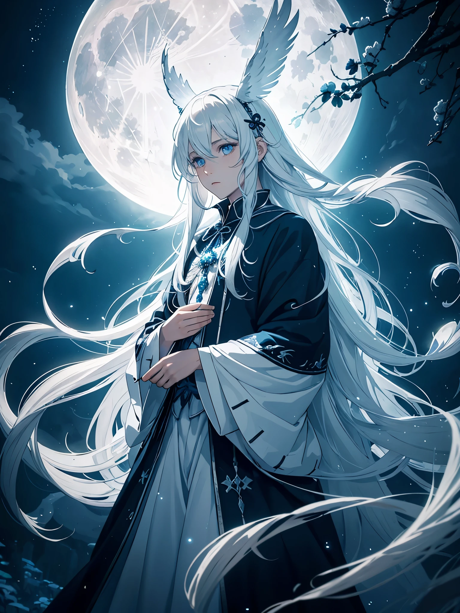 Hirschgeweih. White crows. Ghosts. lights. magical. Power animals. Spirit. King of the moon. Long hair. long white hair. aquatic, boy, silver hair accessories, White hair, blue flowers. Blue lights. full moon. holy.