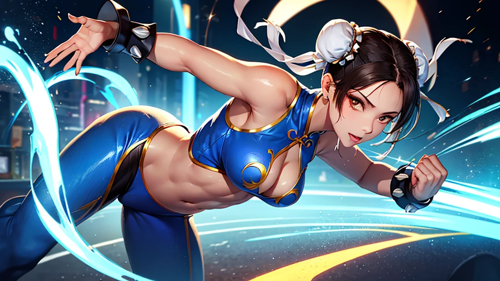 A masterpiece, high resolution, 4K,8K, perfect anatomy, ((wearing bright blue sleeveless top)), wearing long black shiny leggings that is covered on only right leg, ( strings visible at waist), sweating, the background is a building advertisement with dazzling neon light, ((sexy y)) , ((sexy fachun-Li)), Chun-li at the gym, athlete, street fighter of video game, 1girl, full body shot, front view, stylish pose, looking at viewer, good applying makeup, (cute breasts), c, midriff abs, glistening skin, nightclub background,