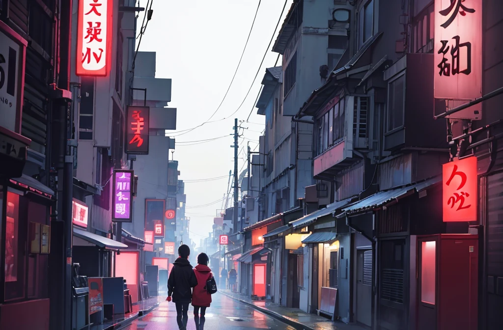 juvenile、boy、Black Hair、Cat ear、Short sleeve hoodie、Purple eyes、Red collar、night、Red Light District、Fluorescent lamp、signboard、neon、Flickering、Alley、dazzling、Alley、signboardに座っている、Looking at、painful、sad、lonely、sentimental、Pensive、look back、Wandering