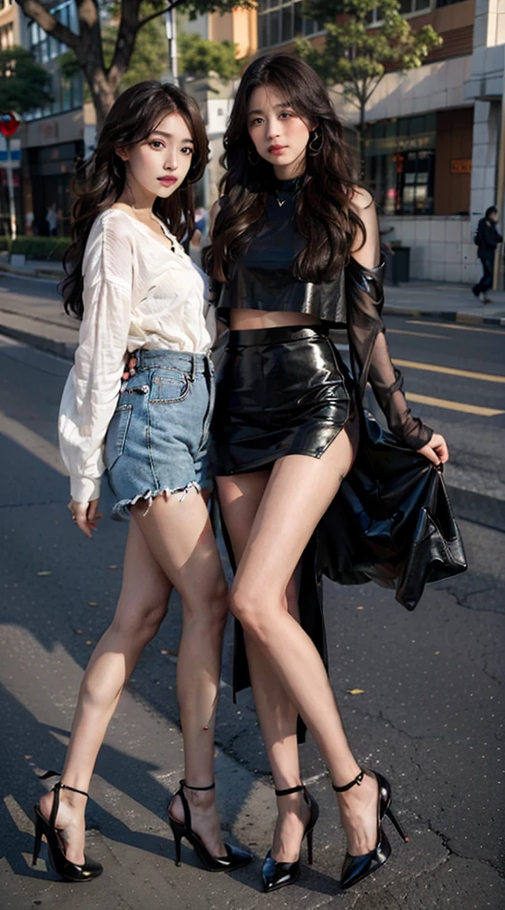 Heavy makeup,Thick opaque pantyhose,8K,Long legs,By bangs,waved hair,mature,rays of sunshine,ear studs,Superskirt,Stiletto heels,Two women together,Long-sleeved loose clothing
