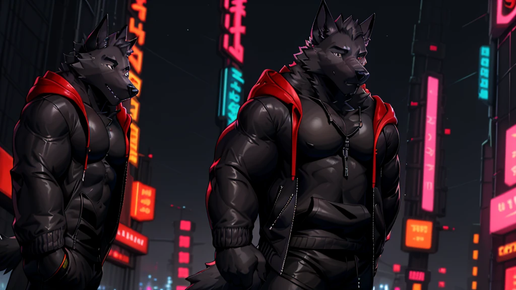 Black Wolf , alone, looking at the audience, shirt, 1 boy, jacket, male focus, open clothes, hood, black shirt, hoodie, muscular, chest muscles, muscular male, only, hooded jacket, sharp nails, night city, neon, Futuristic, black fur