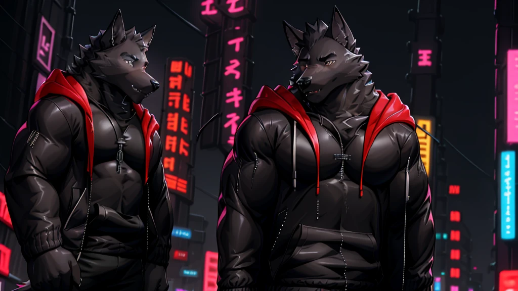 Black Wolf , alone, looking at the audience, shirt, 1 boy, jacket, male focus, open clothes, hood, black shirt, hoodie, muscular, chest muscles, muscular male, only, hooded jacket, sharp nails, night city, neon, Futuristic, black fur