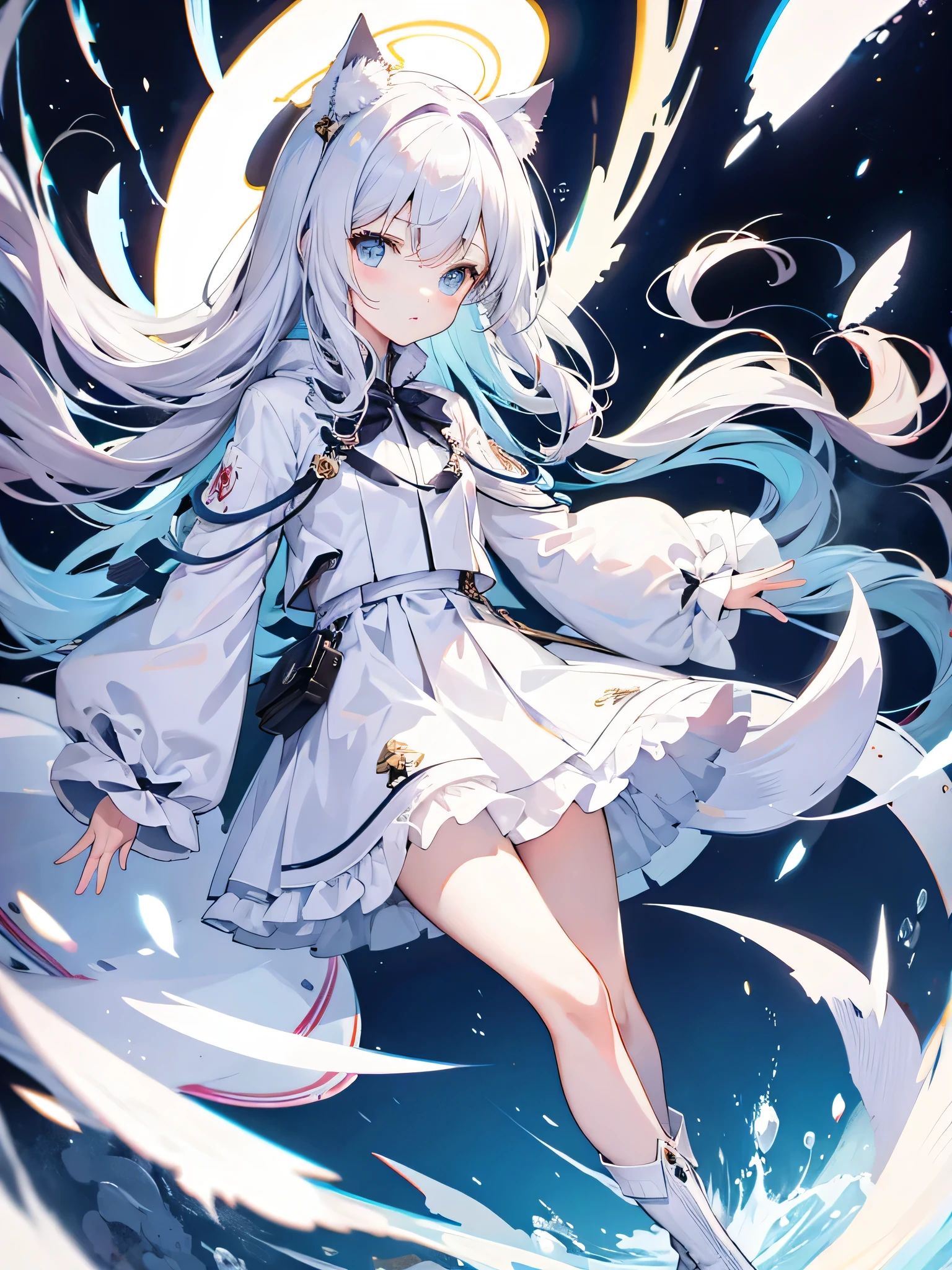 White silk tights,Short skirt,Boots,Lining,coat,White long hair,A cat lady,,small headdress,White, light blue, light pink,Standing,Halo