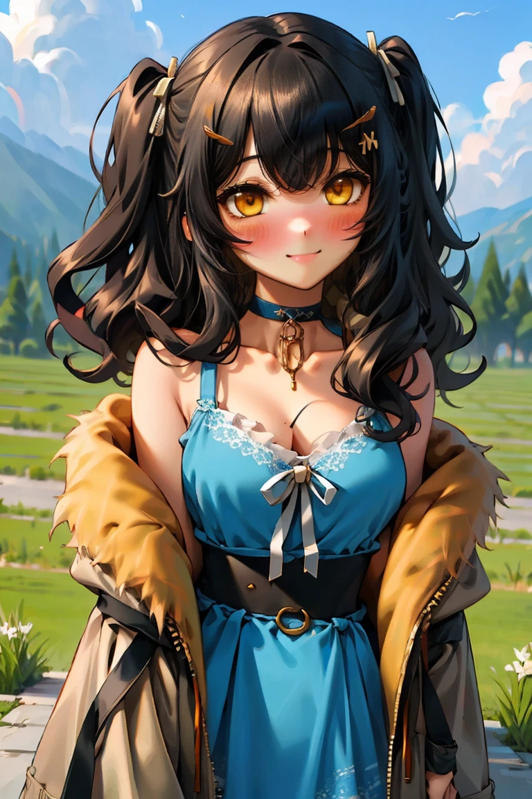 (masterpiece:1.2), (high quality:1.2), girls with((1girl, solo, black hair, yellow eyes, (wavy long hair, one side up, hairclips:1.3), bare shoulder, blush, breasts, choker, cleavage, coat, cowboy shot, blue lace dress, camisole, ribbon waist belt, black ribbon belt, collar, collarbone, rosary, rosary choker, cross, fur, fur trim, parka, khaki hoodie, green hoodie, khaki jacket, hood down, hooded coat, hooded jacket, hoodie, jacket, large breasts, long sleeves, medium breasts, open clothes, open coat,open hoodie, sleeveless, winter clothes, zipper, cleavage, upper body, hand up, waving, palm)), background with((architecture, blue sky, bush, castle, village, no humans, cloud, cloudy sky, day, field, garden, grass, hill, house, lamppost, landscape, mountain, mountainous horizon, nature, no humans, outdoors, scenery, shrine, sky))