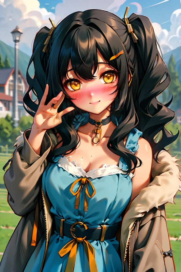 (masterpiece:1.2), (high quality:1.2), girls with((1girl, solo, black hair, yellow eyes, (wavy long hair, one side up, hairclips:1.3), bare shoulder, blush, breasts, choker, cleavage, coat, cowboy shot, blue lace dress, camisole, ribbon waist belt, black ribbon belt, collar, collarbone, rosary, rosary choker, cross, fur, fur trim, parka, khaki hoodie, green hoodie, khaki jacket, hood down, hooded coat, hooded jacket, hoodie, jacket, large breasts, long sleeves, medium breasts, open clothes, open coat,open hoodie, sleeveless, winter clothes, zipper, cleavage, upper body, hand up, waving, palm)), background with((architecture, blue sky, bush, castle, village, no humans, cloud, cloudy sky, day, field, garden, grass, hill, house, lamppost, landscape, mountain, mountainous horizon, nature, no humans, outdoors, scenery, shrine, sky))