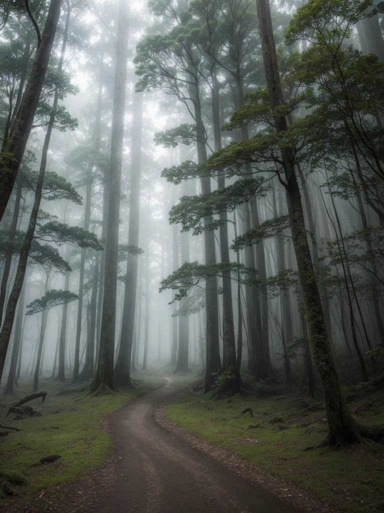 a view of a path through a dense forest in the fog, a matte painting by Tadashige Ono, flickr, romance, en un misty forest de secuoyas, misty forest, misty jungle, Mysterious jungle, fog forest, Mysterious!!! Atmosphere, ancient forest like fanal forest, en el enorme misty forest, ominous and Mysterious forest, misty forests, Beautiful and mysterious
