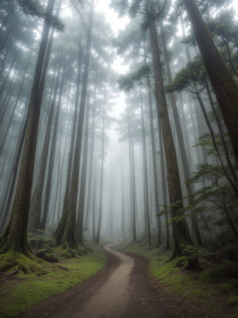 a view of a path through a dense forest in the fog, a matte painting by Tadashige Ono, flickr, romance, en un misty forest de secuoyas, misty forest, misty jungle, Mysterious jungle, fog forest, Mysterious!!! Atmosphere, ancient forest like fanal forest, en el enorme misty forest, ominous and Mysterious forest, misty forests, Beautiful and mysterious