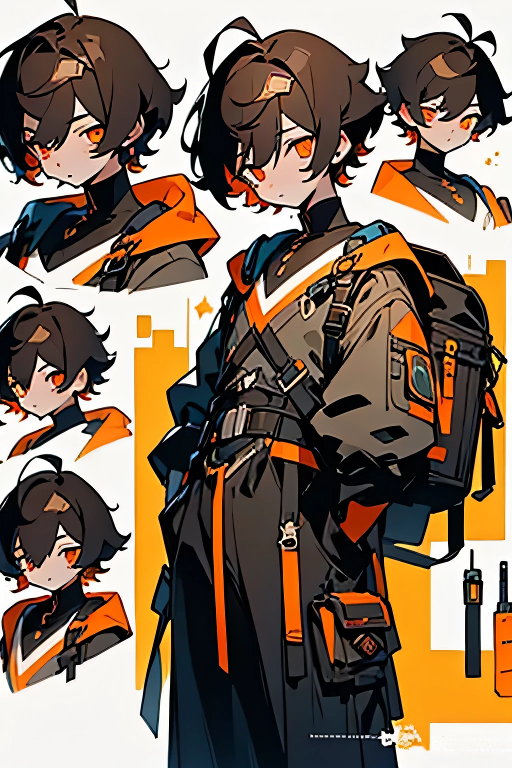 ((best quality)), ((masterpiece)), (detailed), perfect face, , cute face, Dark brown hair, short hair, traveler cloth, orange eyes, backpack, tool belt, cartographer, goggle, pale skin