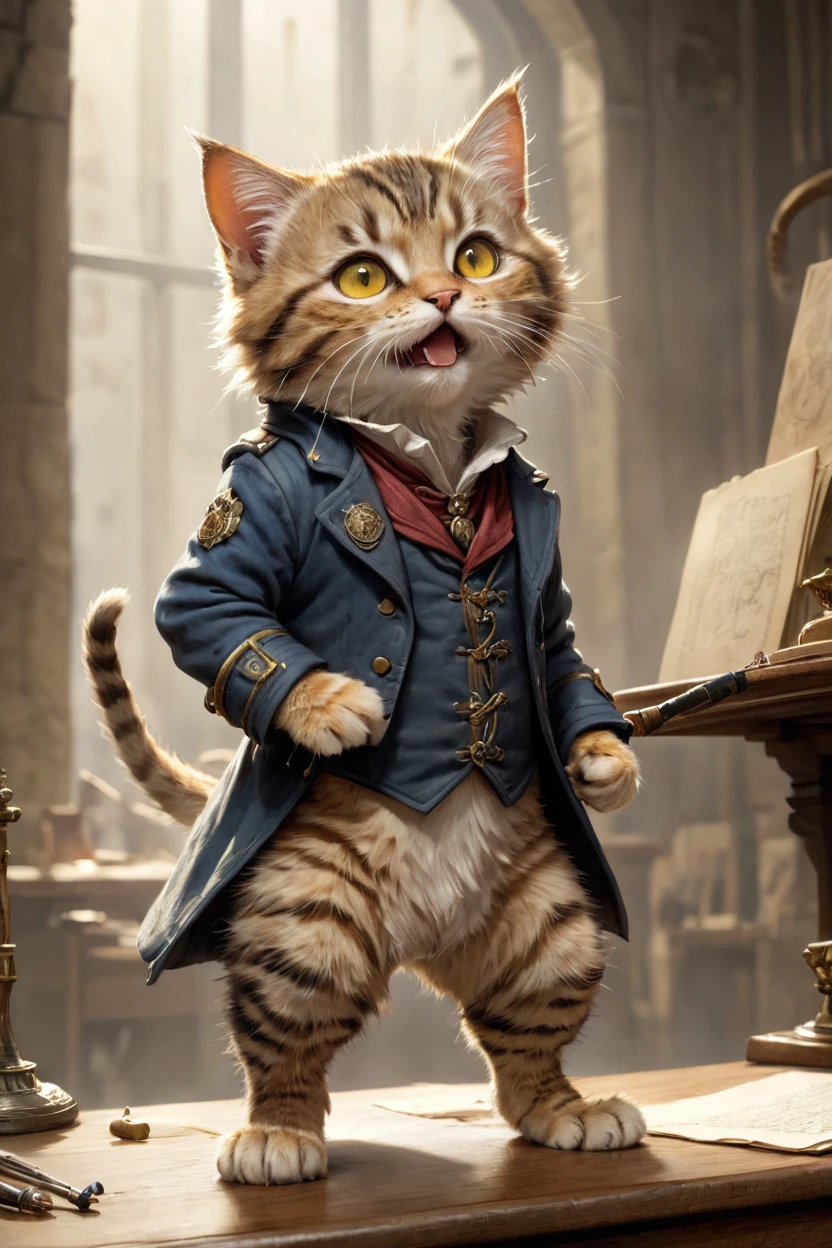 mic, wearing , all-body,mic, Costumes. Fantasyart, exquisite detail, Jean-Baptiste Monge style, DESK、estilo alan lee, An anthropomorphic, fatter, furry tabby kitten with yellow eyes, movie scenes, Dramatic shooting angles, , realisitic, to be born々Incredible cinematic photorealism, action portrait, 8K, detailded, full frame