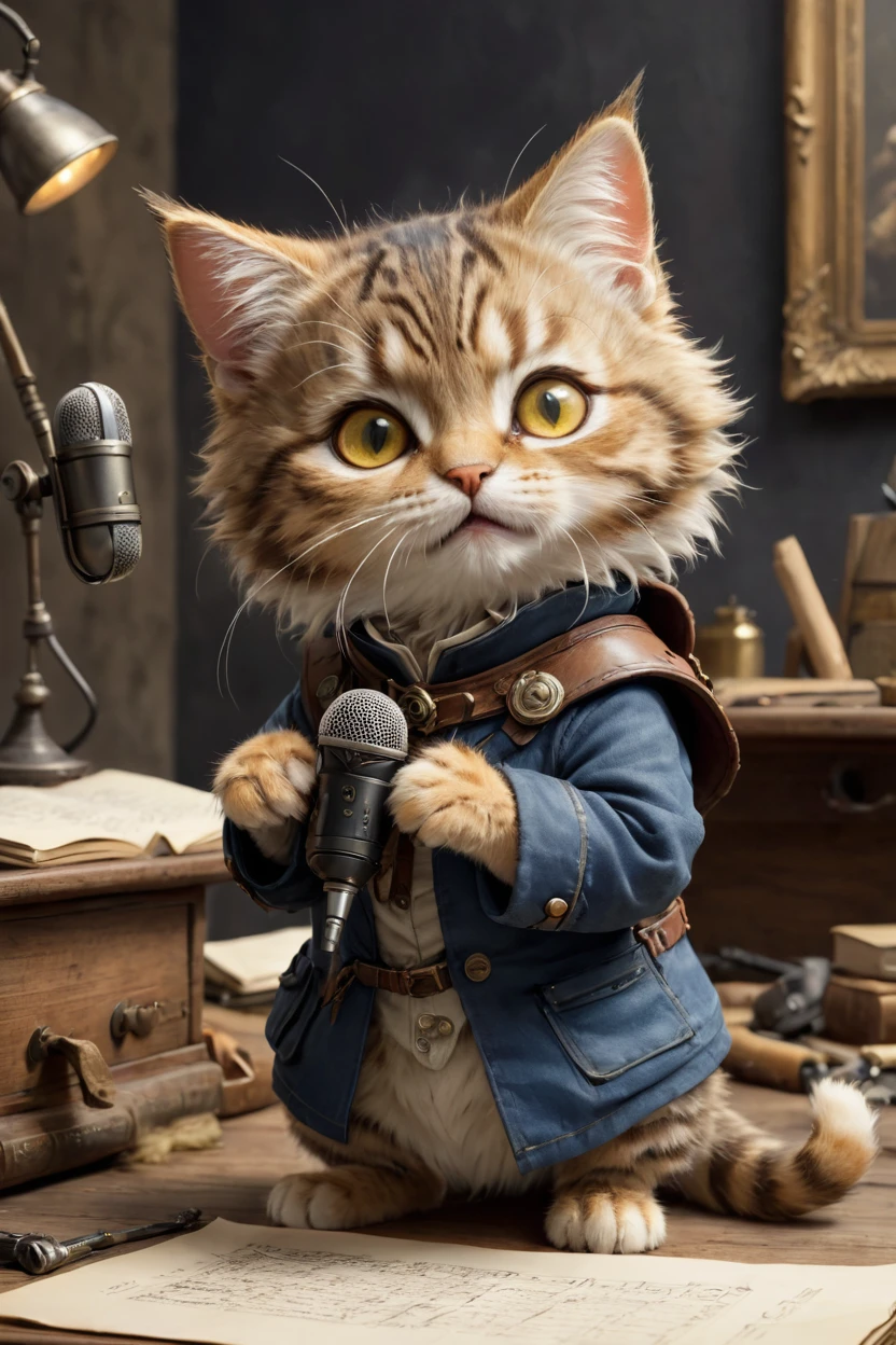 mic, wearing , all-body,mic, Costumes. Fantasyart, exquisite detail, Jean-Baptiste Monge style, DESK、estilo alan lee, An anthropomorphic, fatter, furry tabby kitten with yellow eyes, movie scenes, Dramatic shooting angles, , realisitic, to be born々Incredible cinematic photorealism, action portrait, 8K, detailded, full frame