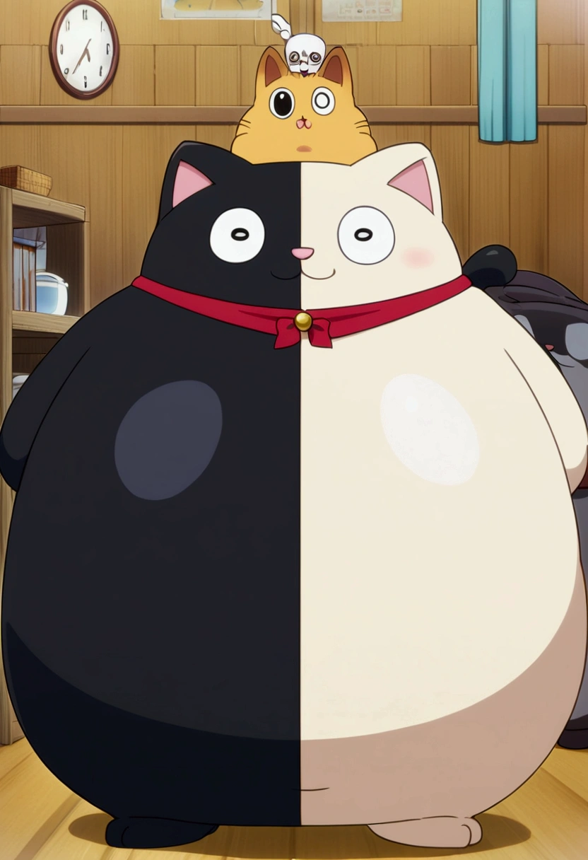 Black cat　Big eyes　Odd Eye　cute　character　A fat cat、Big belly、The hair is thick、anime