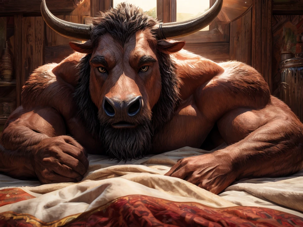 (best quality, 4k, 8k, high resolution, life-like, masterpiece:1.2), ultra detallado, (photographic rendering:1.1), portrait, profesional, vivid colors, Sharp focus, (hyperrealistic textures:1.05), detailed textures, (warm color tone:0.9), a brown bull minotaur, ((laying in bed)), (hazel eyes, looking at viewer), looking happy, muscular, bull face, combed hair mane, in his 30s, big cow nose, morning time