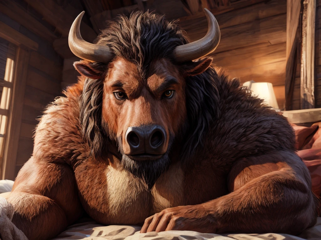 (best quality, 4k, 8k, high resolution, life-like, masterpiece:1.2), ultra detallado, (photographic rendering:1.1), portrait, profesional, vivid colors, Sharp focus, (hyperrealistic textures:1.05), detailed textures, (warm color tone:0.9), a brown bull minotaur, ((laying in bed)), (hazel eyes, looking at viewer), looking happy, muscular, bull face, combed hair mane, in his 30s, big cow nose, morning time