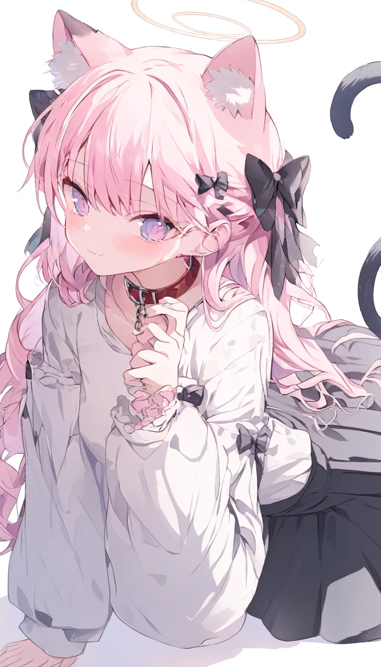 an anime with pink hair and a black dress holding a hand to stop herself from jumping, 1girl, animal ears, solo, cat ears, multicolored hair, tail, pink hair, long hair, cat tail, collar, looking at viewer, long sleeves, skirt, black skirt, cat girl, blush, animal ear fluff, shirt, hair bow, simple background